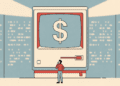 Ilustración editorial minimalista de estilo DFRDque muestra a una persona pequeña observando con duda una computadora gigante con el signo de dólar en la pantalla, sobre un fondo beige con textura de papel.