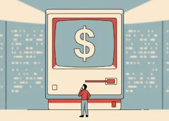 Ilustración editorial minimalista de estilo DFRDque muestra a una persona pequeña observando con duda una computadora gigante con el signo de dólar en la pantalla, sobre un fondo beige con textura de papel.