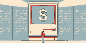Ilustración editorial minimalista de estilo DFRDque muestra a una persona pequeña observando con duda una computadora gigante con el signo de dólar en la pantalla, sobre un fondo beige con textura de papel.