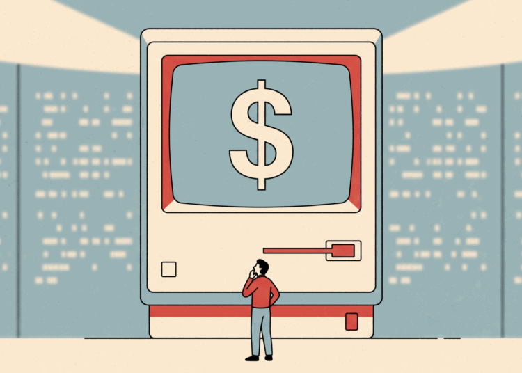 Ilustración editorial minimalista de estilo DFRDque muestra a una persona pequeña observando con duda una computadora gigante con el signo de dólar en la pantalla, sobre un fondo beige con textura de papel.