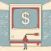 Ilustración editorial minimalista de estilo DFRDque muestra a una persona pequeña observando con duda una computadora gigante con el signo de dólar en la pantalla, sobre un fondo beige con textura de papel.