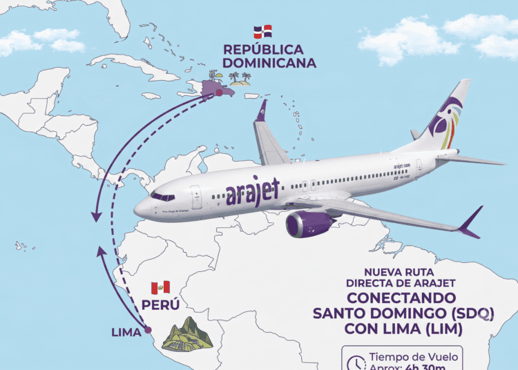 Avion sobre un mapa conectado a República Dominicana con Arajet