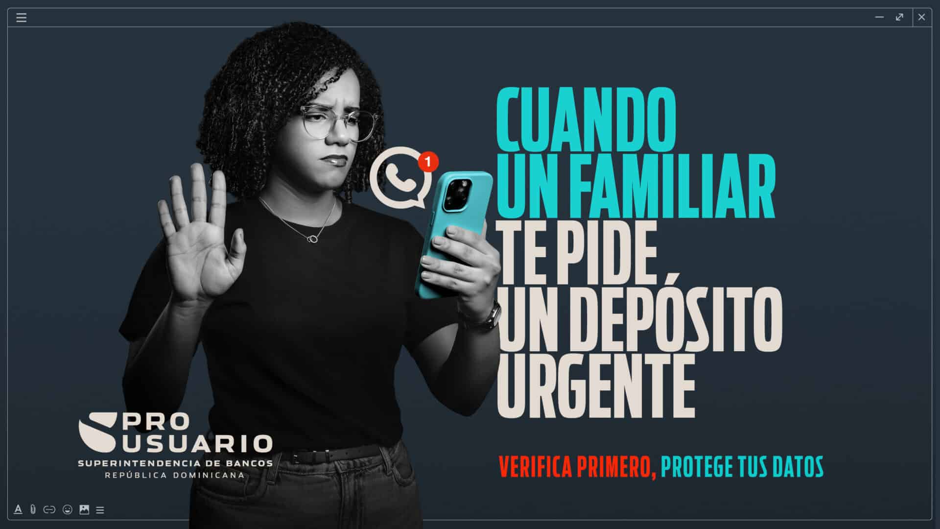 Persona observando una publicación fraudulenta en un teléfono móvil con el logo de la Superintendencia de Bancos