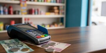 Comerciante en un pequeño negocio de México cobrando con terminal de pago electrónico