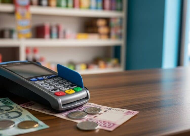 Comerciante en un pequeño negocio de México cobrando con terminal de pago electrónico
