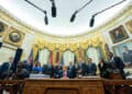 US President Donald Trump, center, during an executive order signing in the Oval Office of the White House in Washington, DC, US, on Monday, July 13, 2026. Trump shrank Utah's Bears Ears and Grand Staircase-Escalante national monuments Monday, opening the door to possible drilling, mining, and other development on formerly-protected lands. Photographer: Aaron Schwartz/CNP/Bloomberg via Getty Images