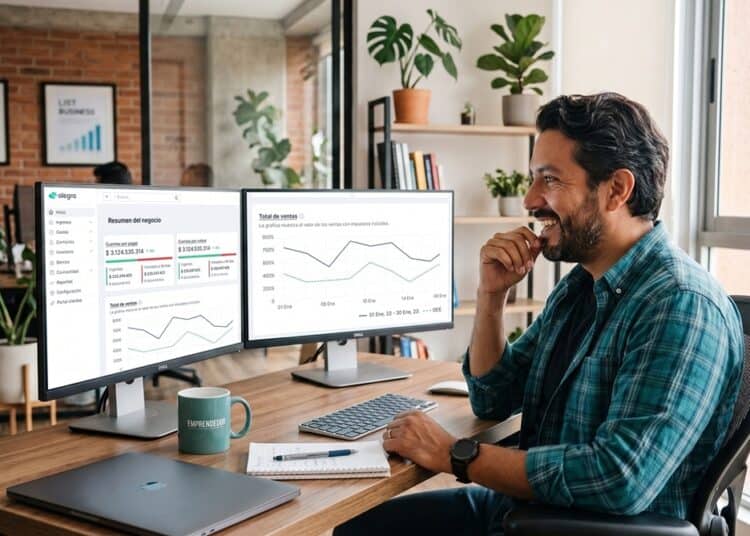 Empresaria dominicana de una pyme usa una computadora con herramientas de inteligencia artificial y facturación