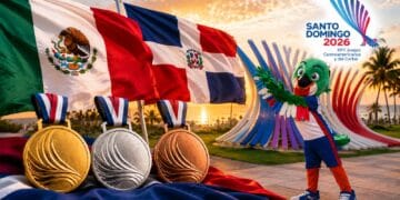 Atletas dominicanos celebran en el podio durante los Juegos Centroamericanos y del Caribe Santo Domingo 2026