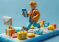 Niño usando un smartphone frente a pantalla mientras un adulto observa en segundo plano