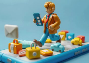 Niño usando un smartphone frente a pantalla mientras un adulto observa en segundo plano