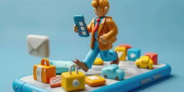 Niño usando un smartphone frente a pantalla mientras un adulto observa en segundo plano