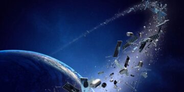 Satélite inservible flotando en órbita terrestre baja rodeado de fragmentos de basura espacial
