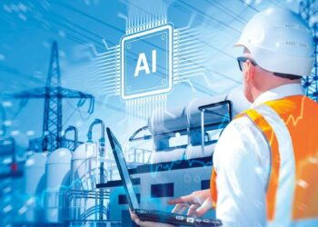 Centro de datos con servidores iluminados en azul que alimentan sistemas de inteligencia artificial