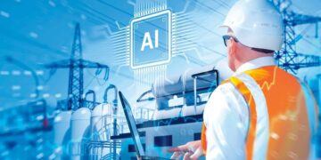 Centro de datos con servidores iluminados en azul que alimentan sistemas de inteligencia artificial