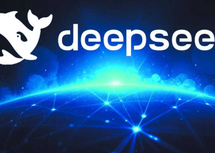 Pantalla mostrando el logo de DeepSeek junto a gráficas de comparación de costos de modelos de inteligencia artificial
