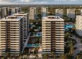 Vista aérea de un desarrollo residencial en Punta Cana, República Dominicana, con piscinas y zonas verdes
