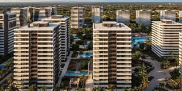 Vista aérea de un desarrollo residencial en Punta Cana, República Dominicana, con piscinas y zonas verdes
