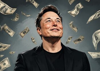Elon Musk en evento público con cohete Starship de SpaceX al fondo