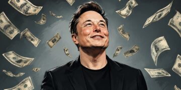 Elon Musk en evento público con cohete Starship de SpaceX al fondo