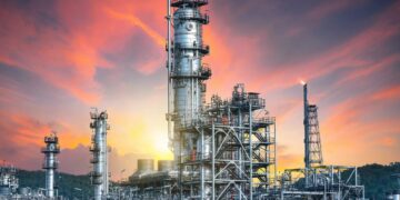 Plataforma petrolera en el mar con el Estrecho de Hormuz al fondo, reflejo de la tensión geopolítica que presiona los precios del crudo