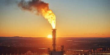 Plataforma petrolera en operación con reflejos del mar al atardecer, representando la tensión en los mercados energéticos globales