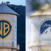 Logotipos de Warner Bros Discovery y Paramount Skydance en pantallas durante anuncio de fusión corporativa
