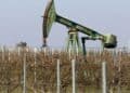 Plataforma de extracción de petróleo con barriles y precio del WTI en pantalla