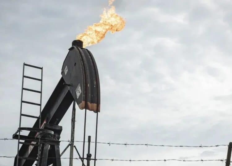 Barriles de petróleo apilados en una refinería con indicadores de precios al alza en pantallas de mercado
