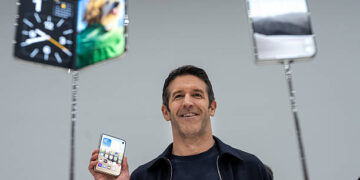 John Ternus, chief executive officer of Apple Inc., holds the iPhone Duo smartphone during a product unveiling event at Apple Park in Cupertino, California, US, on Wednesday, Sept. 9, 2026. Apple Inc. unveiled the company's first foldable smartphone during a wide-ranging event Wednesday, betting that a new category can energize growth for its biggest-selling lineup. Photographer: David Paul Morris/Bloomberg via Getty Images