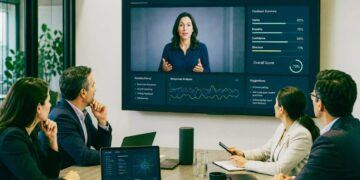 Ejecutivos en sala de reuniones discutiendo habilidades de comunicación y liderazgo en entorno corporativo