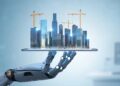 Arquitecto revisando planos digitales generados por inteligencia artificial en pantalla táctil en oficina de diseño