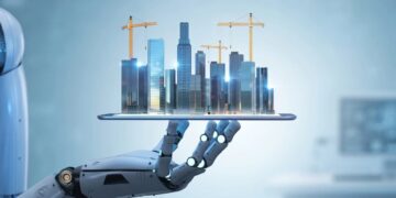 Arquitecto revisando planos digitales generados por inteligencia artificial en pantalla táctil en oficina de diseño