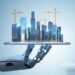 Arquitecto revisando planos digitales generados por inteligencia artificial en pantalla táctil en oficina de diseño