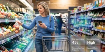 Pantalla digital con publicidad de marca en el pasillo de un supermercado moderno iluminado con clientes comprando