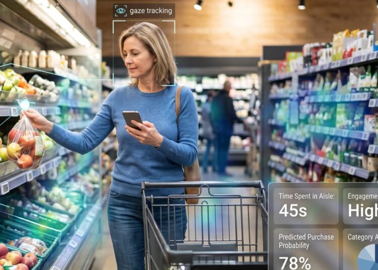 Pantalla digital con publicidad de marca en el pasillo de un supermercado moderno iluminado con clientes comprando