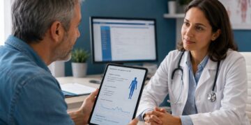 Paciente consultando información médica en una tablet con herramientas de inteligencia artificial en salud