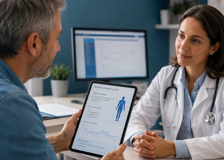 Paciente consultando información médica en una tablet con herramientas de inteligencia artificial en salud