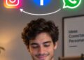 Logo de Meta sobre fondo azul con íconos de Instagram, Facebook y WhatsApp al fondo