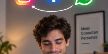 Logo de Meta sobre fondo azul con íconos de Instagram, Facebook y WhatsApp al fondo