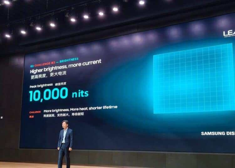 Pantalla OLED M16 de Samsung Display encendida con alta luminosidad en un smartphone de gama alta