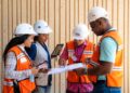 Personal de la ONE con chaleco naranja realizando levantamiento del Registro de Oferta de Edificaciones en zona urbana del Gran Santo Domingo