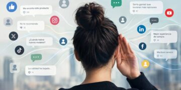 Ejecutivo analizando conversaciones digitales en pantallas con métricas de redes sociales