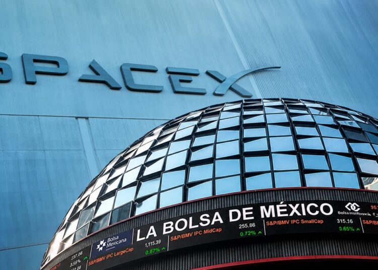 Pantalla de la Bolsa Mexicana de Valores con el logo de SpaceX y la fecha 14 de septiembre de cotización en el SIC