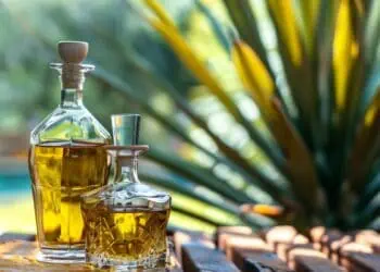 Botellas de tequila mexicano alineadas en una destilería, con agave azul al fondo