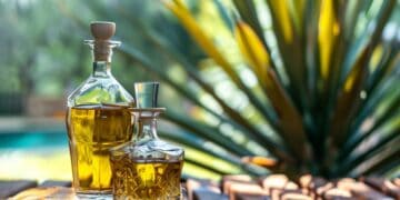 Botellas de tequila mexicano alineadas en una destilería, con agave azul al fondo