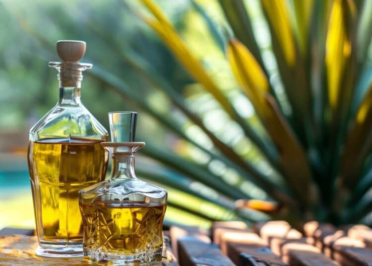 Botellas de tequila mexicano alineadas en una destilería, con agave azul al fondo