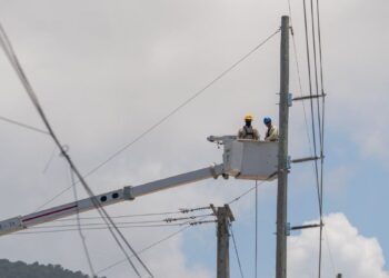 Trabajadores de ETED en labores de mantenimiento en una línea de transmisión eléctrica de alta tensión en República Dominicana