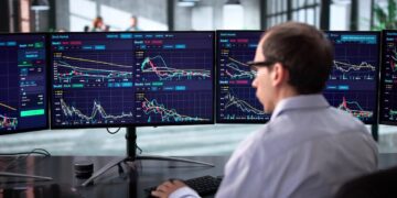 Pantalla del Nasdaq mostrando caídas en Wall Street mientras el precio del petróleo sube por tensión en Medio Oriente