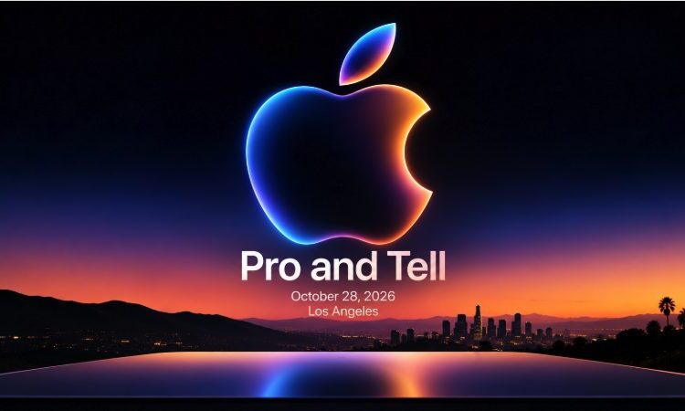 Logo de Apple sobre fondo oscuro con el texto Pro and Tell del evento del 28 de octubre de 2026