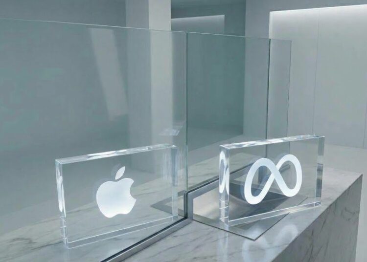 Logo de Apple y Meta juntos frente a una computadora Mac Studio con chips M5 Ultra en un escritorio de oficina